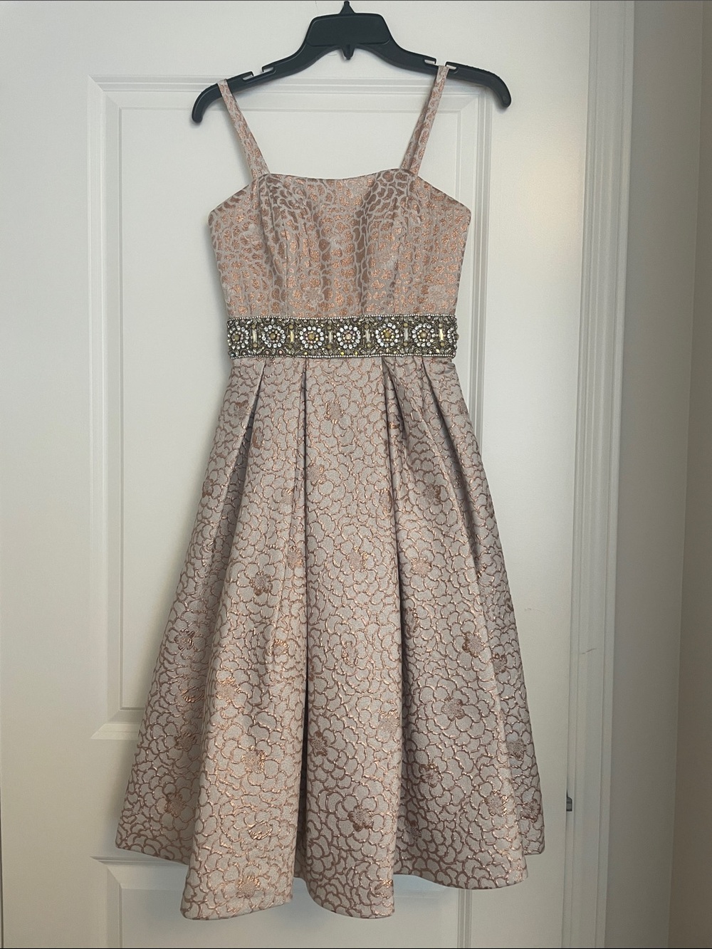 Jovani Blush Pink Floral Jacquard Dress with Jeweled Waist